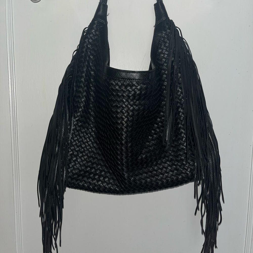 Black pleather fringe oversized purse
